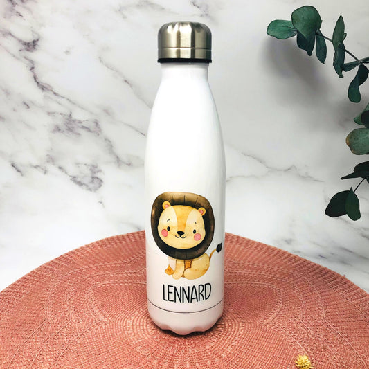 Praktische Trinkflasche aus Edelstahl - personalisiert mit Namen und Safari Tier - toll für Schule, Kindergarten und Freizeit