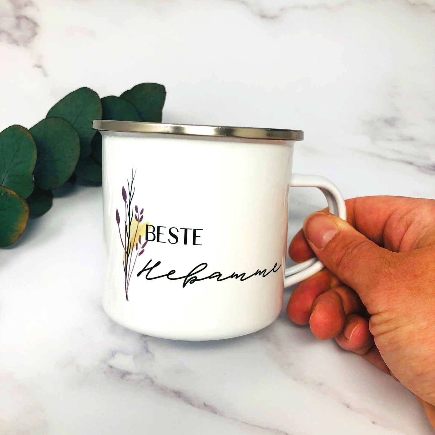 Geschenk Hebamme Geburt - Tasse Emailletasse Becher Dankeschön personalisiert Florales Design