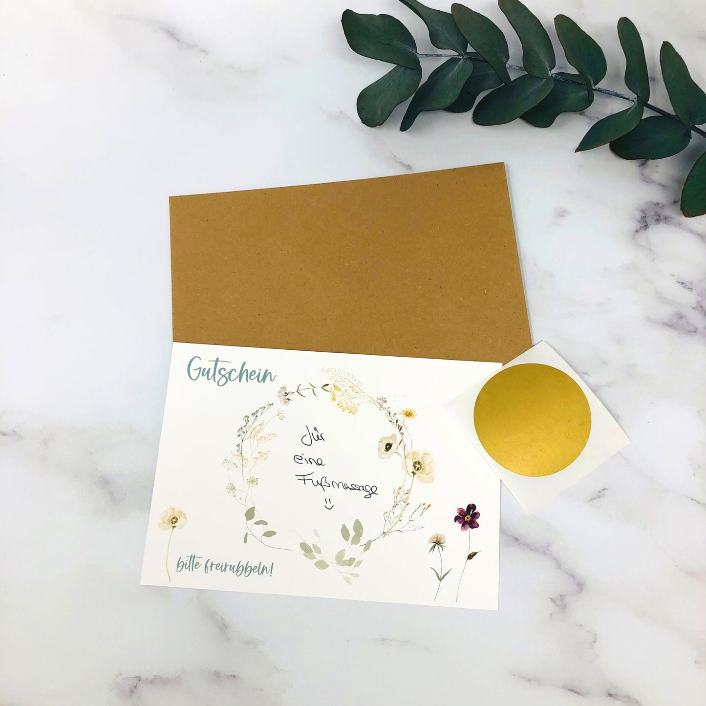 Karte Rubbelkarte DIY zum selber beschriften - personalisiert - Wildblumen gold Gutschein