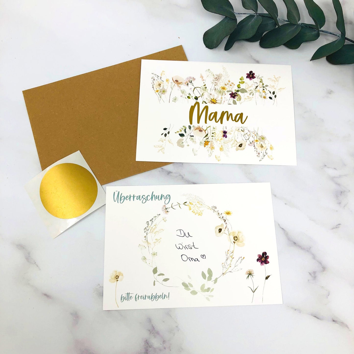Karte Rubbelkarte DIY zum selber beschriften - personalisiert - Wildblumen gold Überraschung
