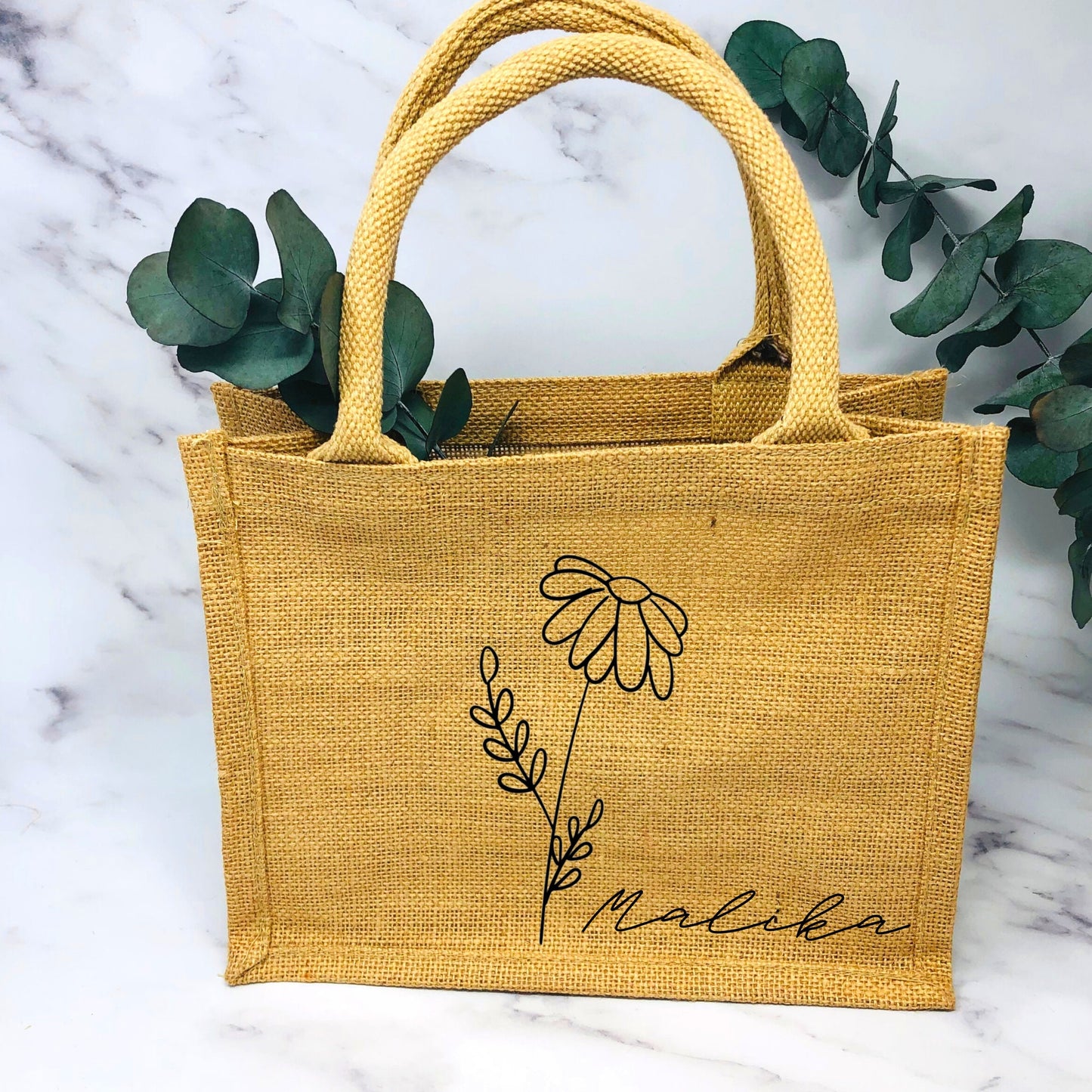 Personalisierte kleine Jutetasche mit Blume und Namen