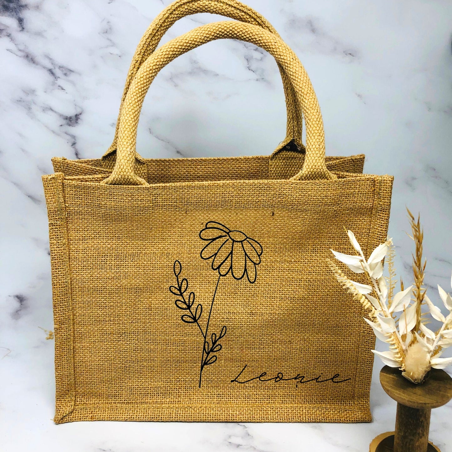 Personalisierte kleine Jutetasche mit Blume und Namen