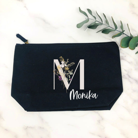 Kosmetiktasche personalisiert mit Initial und Wunschwort - Geschenk beste Freundin Schwester Mama - verschiedene Farben - Wildblumen