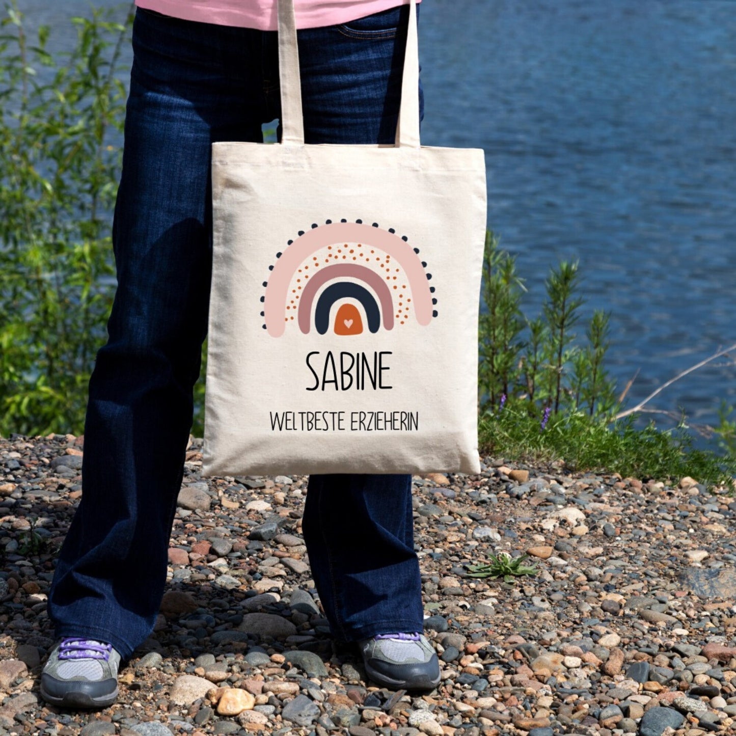 Geschenk für die Lehrerin oder Erzieherin - Abschiedsgeschenk oder Dankeschön - Stoffbeutel mit Regenbogen und Wunschtext -Stofftasche personalisierbar