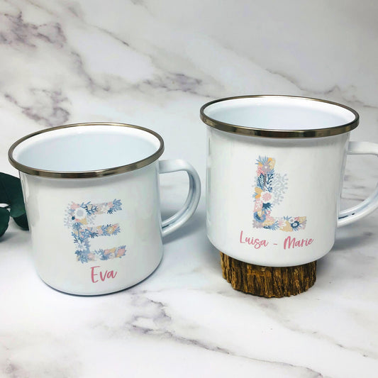 Kinderbecher mit Namen - Tasse Emailletasse Kindertasse Becher personalisiert - Mädchen Blumeninitial Floral