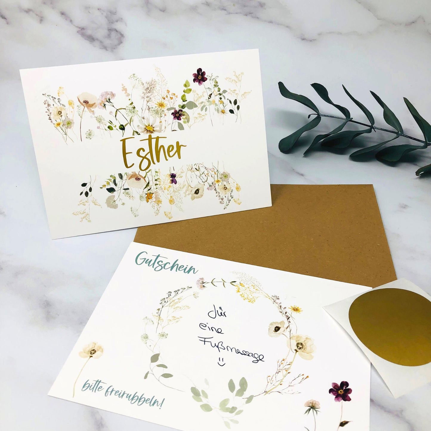 Karte Rubbelkarte DIY zum selber beschriften - personalisiert - Wildblumen gold Gutschein