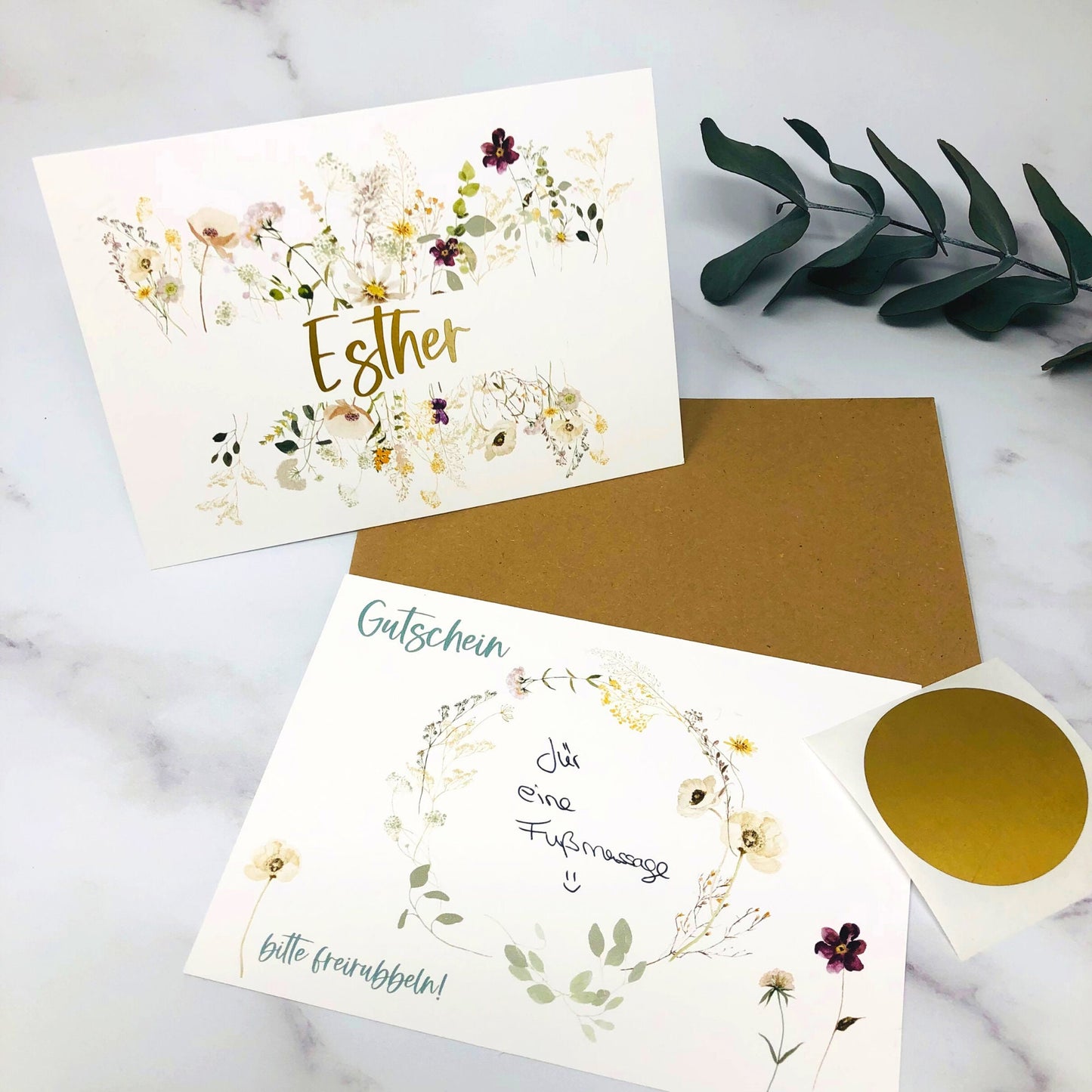 Karte Rubbelkarte DIY zum selber beschriften - personalisiert - Wildblumen gold Gutschein
