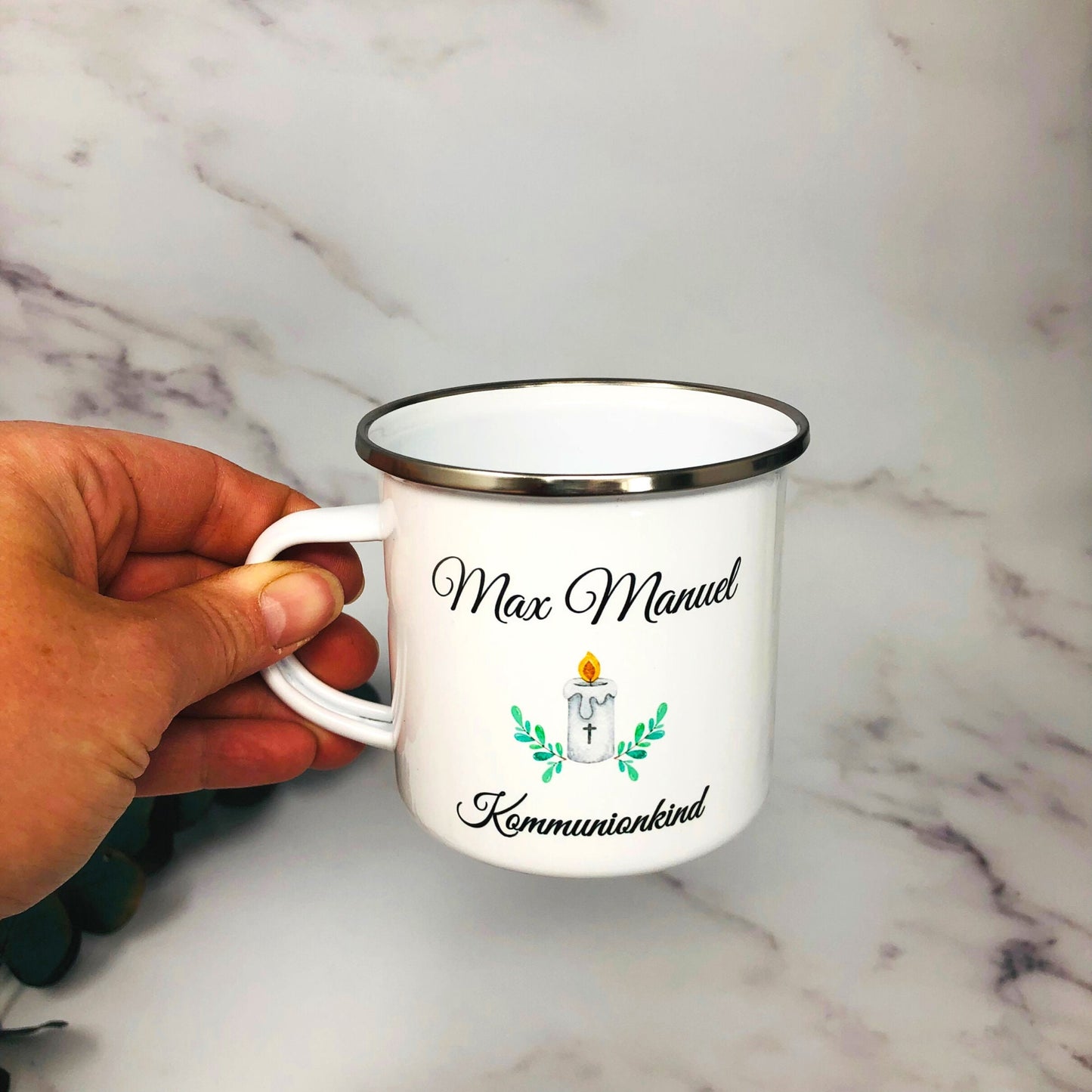 Kommunion Geschenk Emailletasse Patenkind Geschenkidee - Tasse Emaille Becher - personalisiert - 4 verschiedene Motive