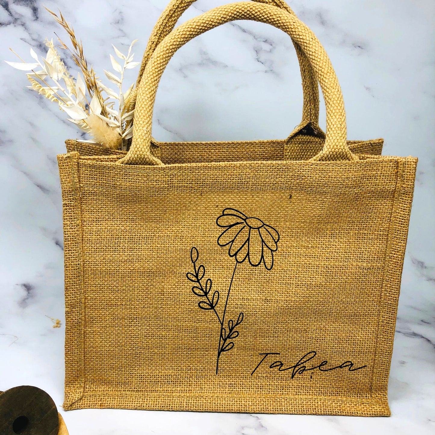 Personalisierte kleine Jutetasche mit Blume und Namen