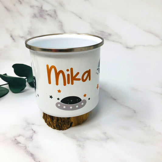 Tasse Emailletasse Kindertasse Becher personalisiert - Jungs Design Weltall