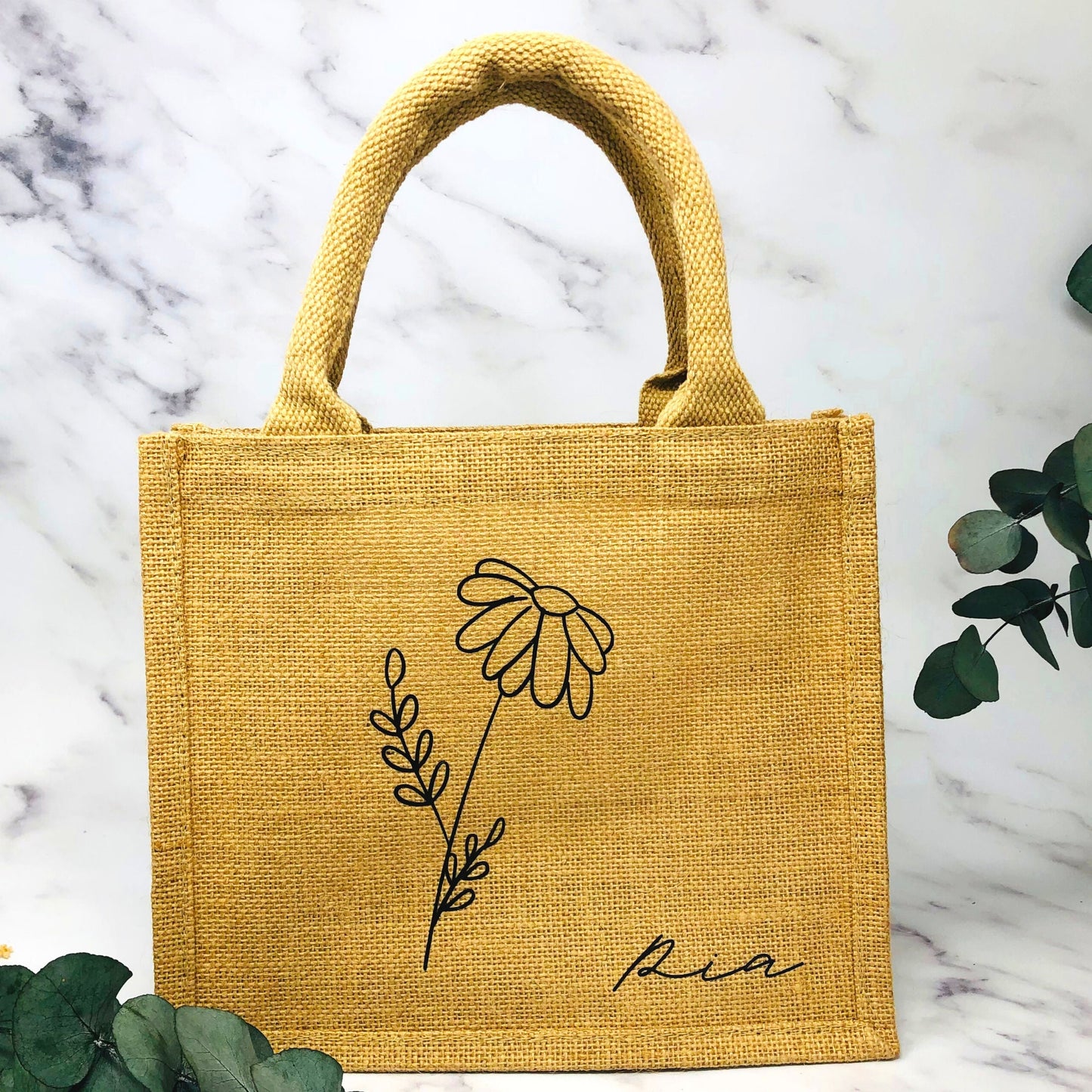 Personalisierte kleine Jutetasche mit Blume und Namen