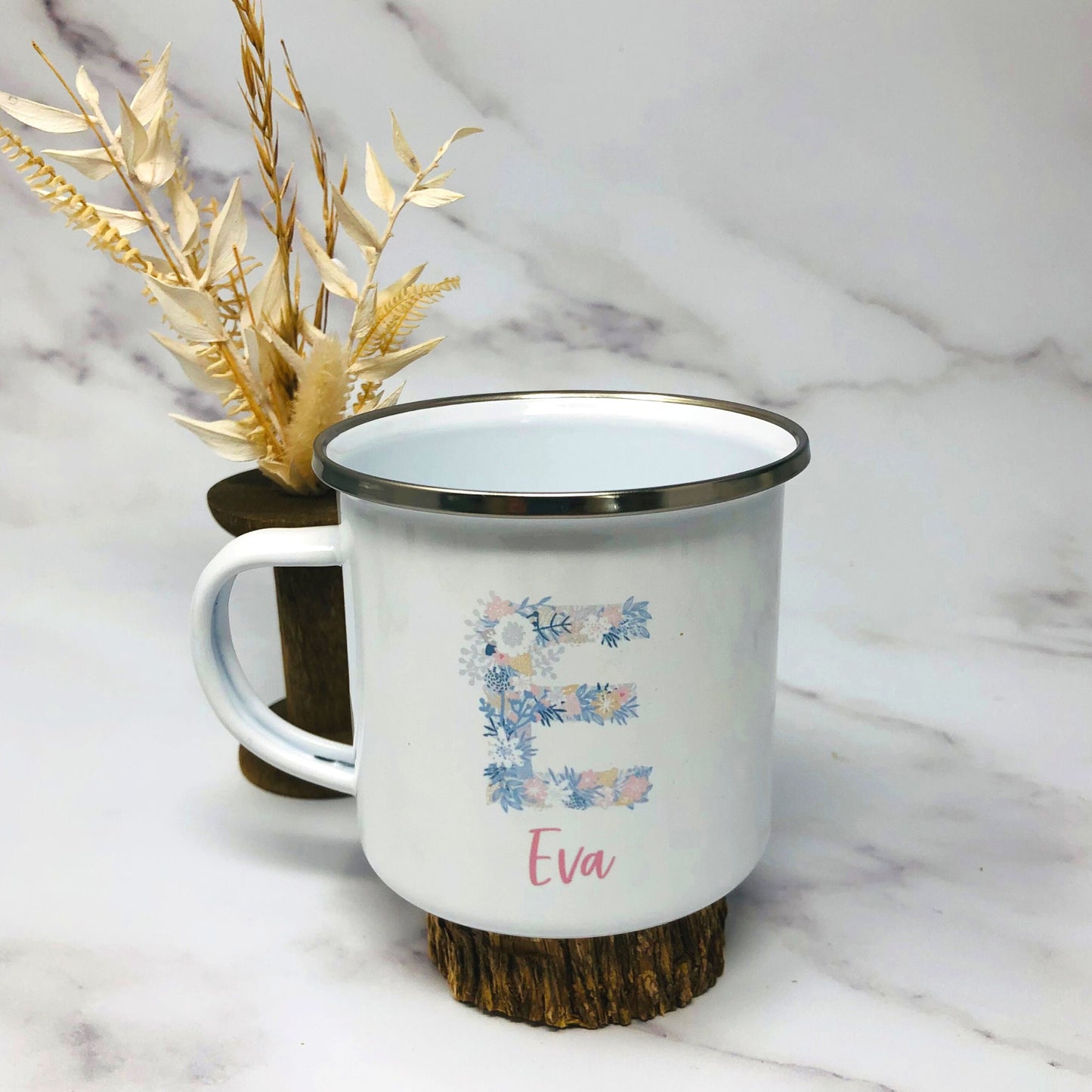 Kinderbecher mit Namen - Tasse Emailletasse Kindertasse Becher personalisiert - Mädchen Blumeninitial Floral