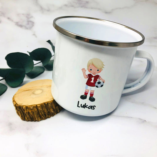 Tasse Emailletasse Kindertasse Becher personalisiert - Jungs Design Fußball