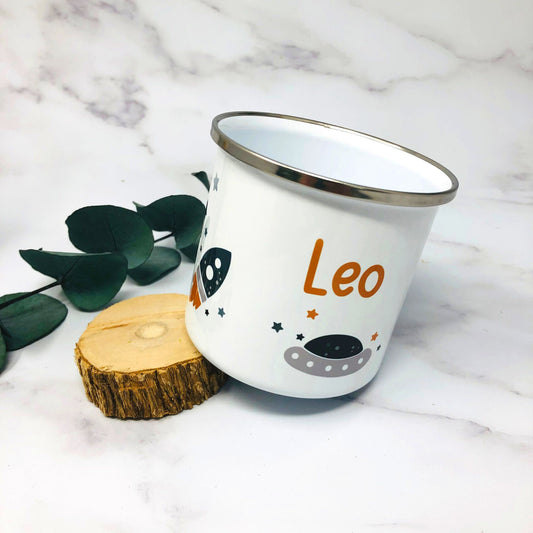 Tasse Emailletasse Kindertasse Becher personalisiert - Jungs Design Weltall