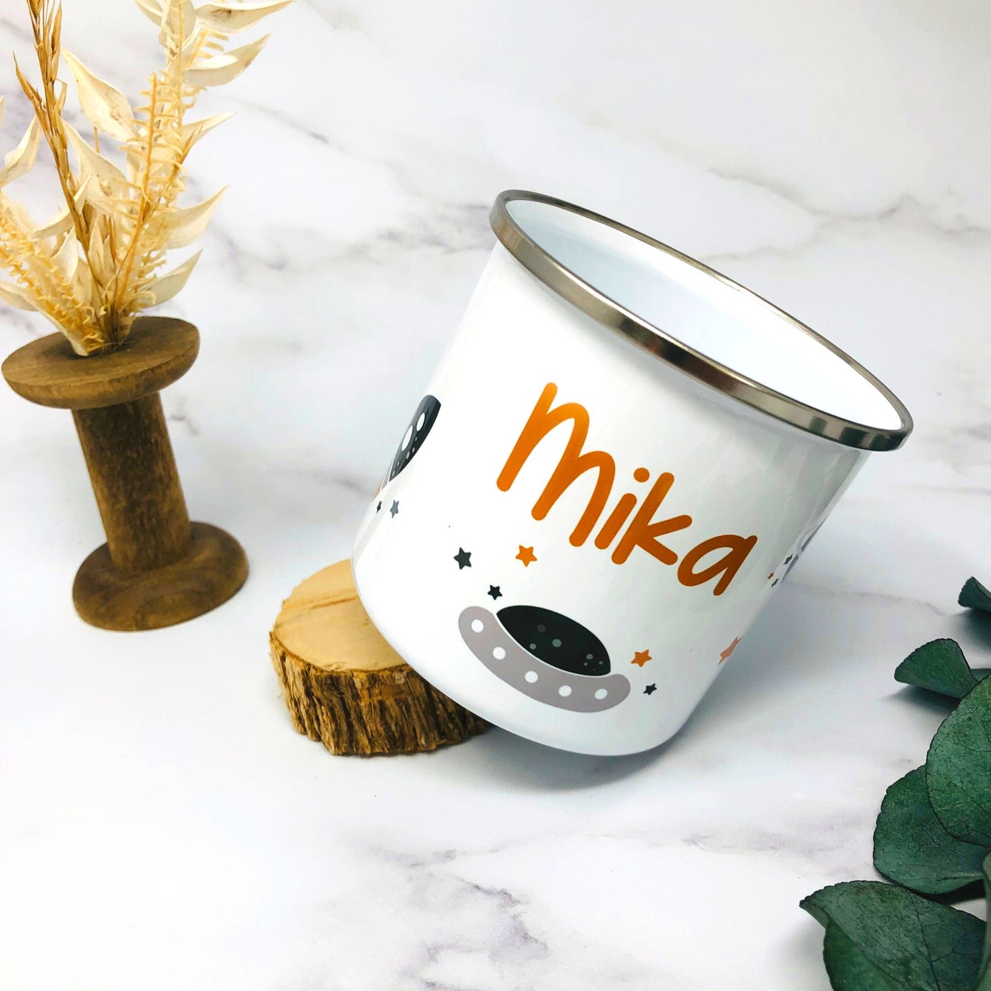 Tasse Emailletasse Kindertasse Becher personalisiert - Jungs Design Weltall