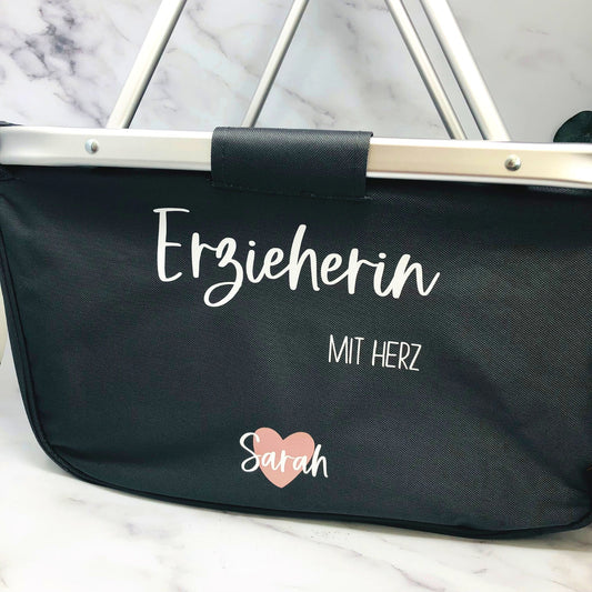 Geschenk Erzieherin - personalisierter Einkaufskorb mit Name - Erzieherin mit Herz - verschiedene Farben - faltbar - Grau, Navy oder Schwarz