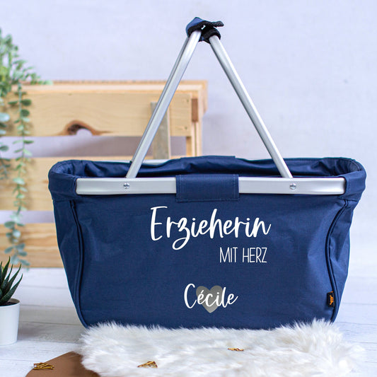 Geschenk Erzieherin - personalisierter Einkaufskorb mit Name - Erzieherin mit Herz - verschiedene Farben - faltbar - Grau, Navy oder Schwarz