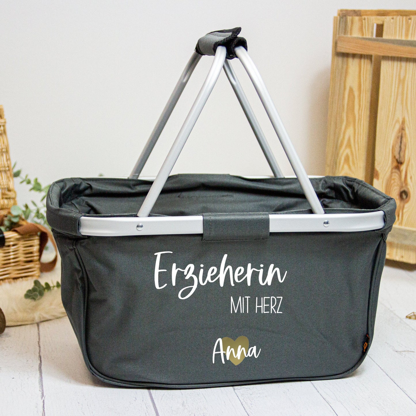Geschenk Erzieherin - personalisierter Einkaufskorb mit Name - Erzieherin mit Herz - verschiedene Farben - faltbar - Grau, Navy oder Schwarz
