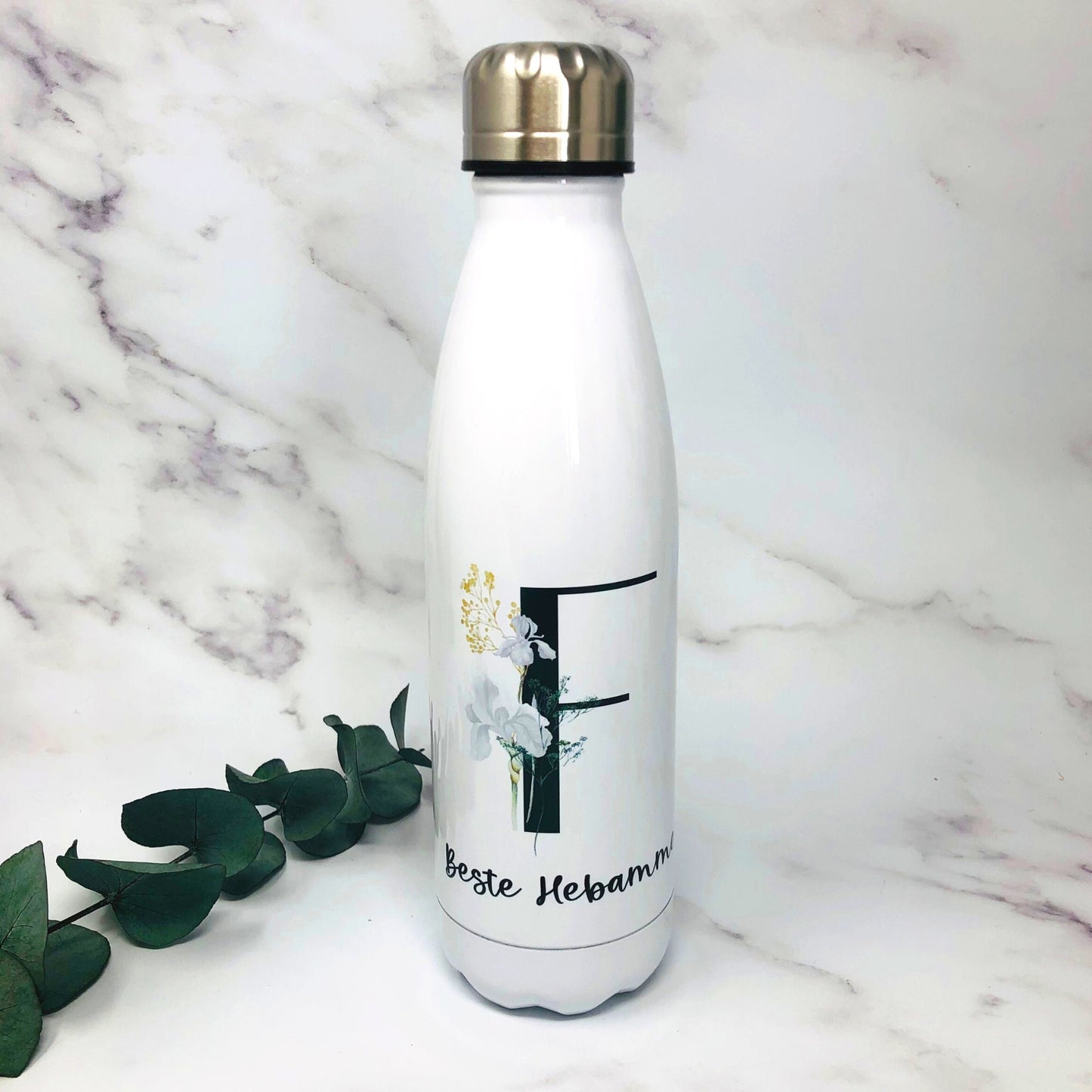 Geschenk für die Hebamme, Trinkflasche Edelstahl personalisiert mit Initial und Wunschwort - Design WILDBLUMEN , Geburtstag,Danke Hebamme T1