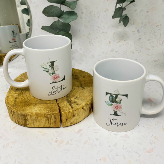 Geschenk für Sie - Tasse Becher personalisiert mit Initial und Namen - PEONY