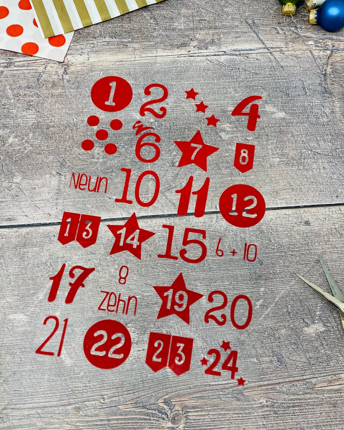 Zahlen 1–24 zum Aufbügeln für DIY Adventskalender Zahlen 1–24 zum Aufbügeln in rot gold silber schwarz, Handmade