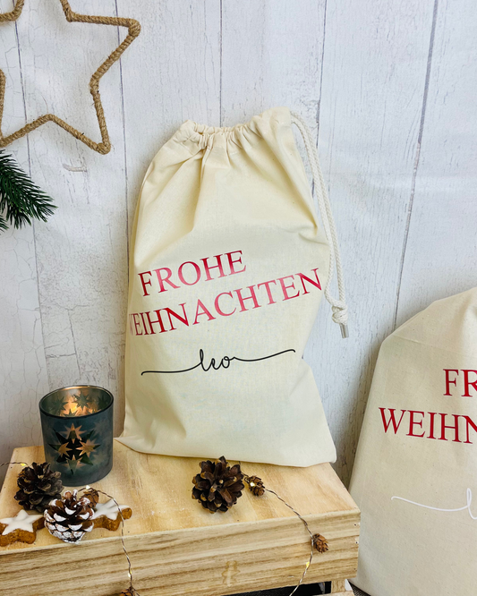 Baumwollsäckchen „Frohe Weihnachten“ – nachhaltig & personalisierbar