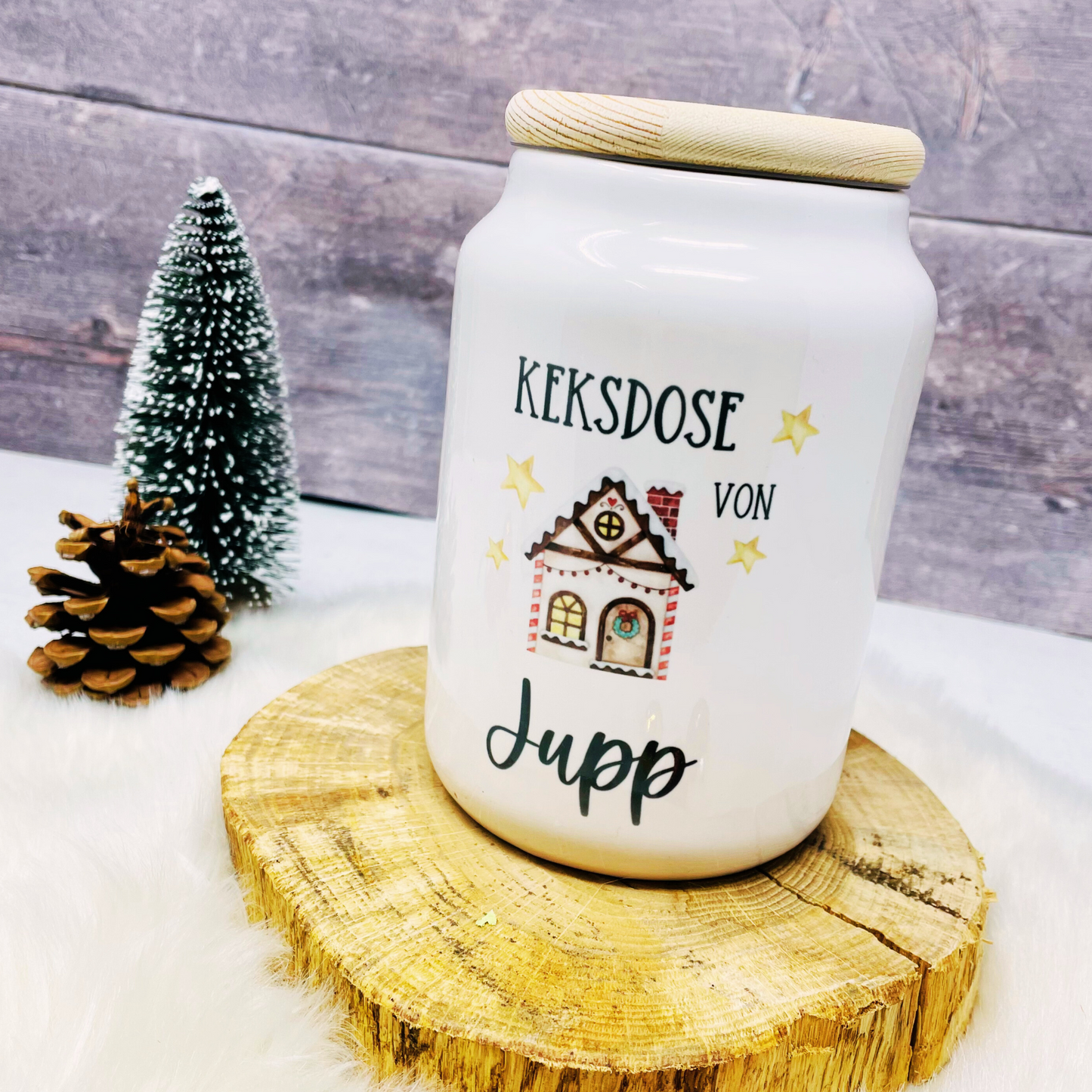 Keksdose personalisiert mit Namen, Geschenk Weihnachten, Mama, Oma, Plätzchendose, Vorratsdose Keramik mit Holzdeckel - Design Christmas