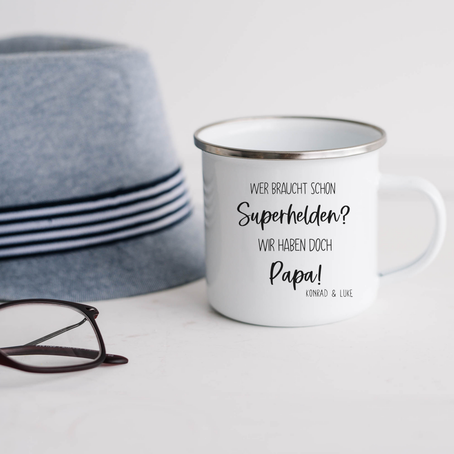 Tasse „Wer braucht schon Superhelden? Ich hab doch Papa!“