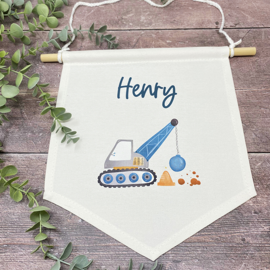 Wimpel Kinderzimmer Namensschild - personalisiert - Design Baustelle - mit Name - Geschenk Einschulung, Geburtstag,Taufe, Umzug