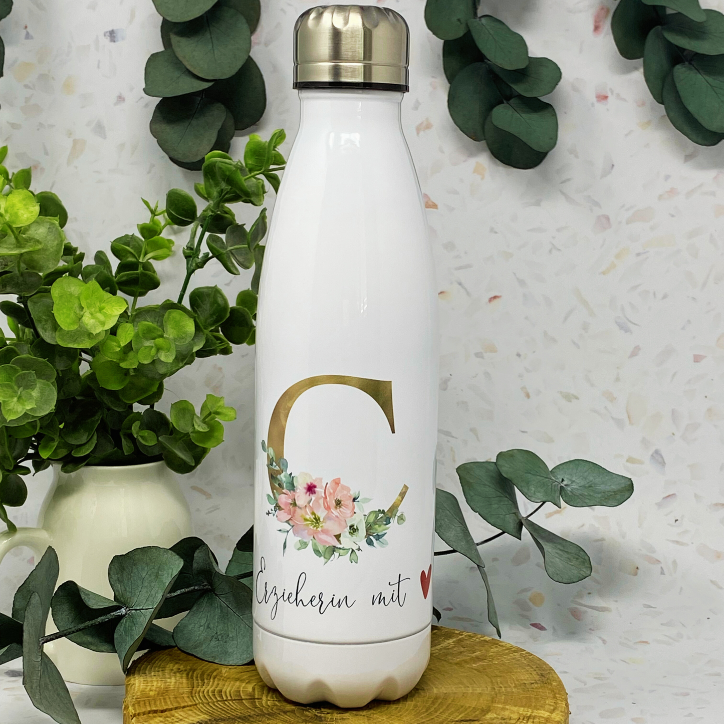 Geschenk für die Erzieherin, Thermosflasche, Trinkflasche Edelstahl - personalisiert mit Initial und Wunschwort - Design BLUSH
