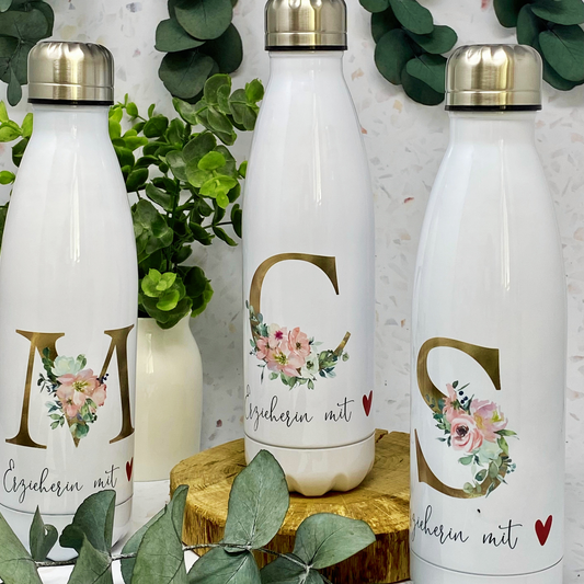 Geschenk für die Erzieherin, Thermosflasche, Trinkflasche Edelstahl - personalisiert mit Initial und Wunschwort - Design BLUSH - T1