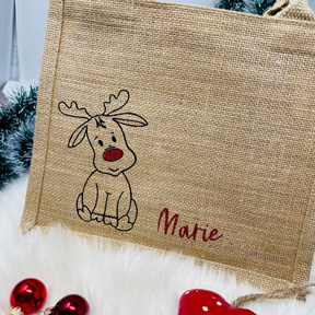 Personalisierte Nikolaus Tasche Aus Jute | Mit Namen Bedruckt | Rote Henkel | Ca. 26x22x14 Cm | Ideal Für Geschenke & Süßigkeiten