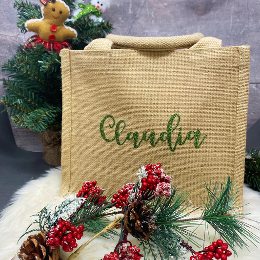 Jutetasche Weihnachten Jutebeutel klein - personalisiert mit Name in Glitzer - persönliche Geschenkverpackung - nachhaltig