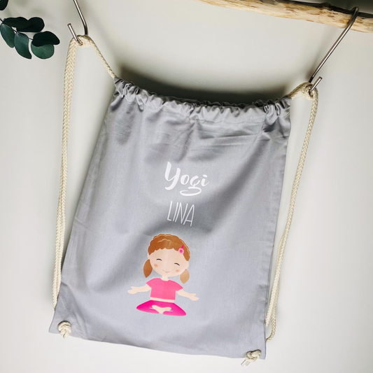 Turnbeutel Yoga Kita Kindergarten Stofftasche mit Name personalisiert Yoga Asanas - rosa grün grau hellblau weiß