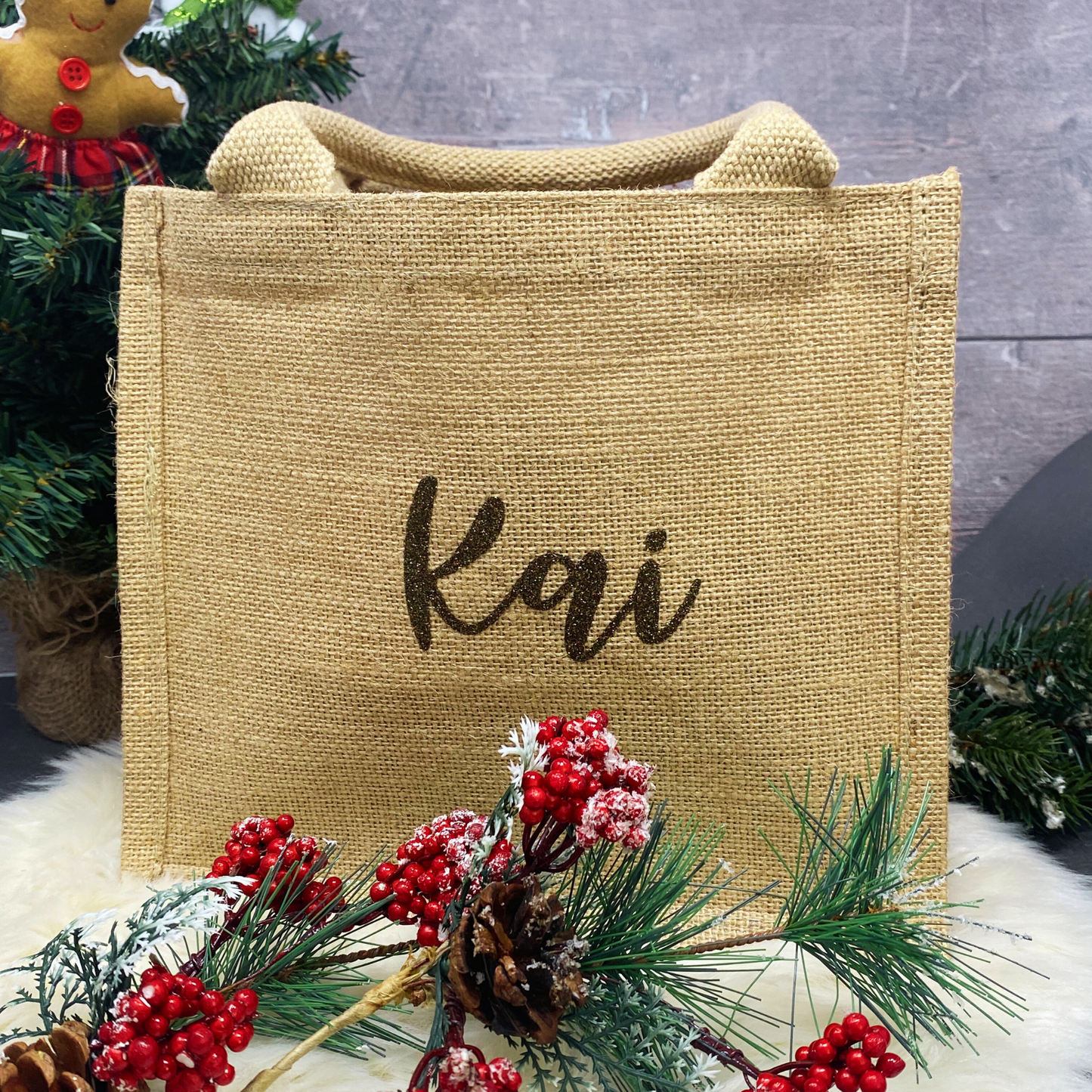 Jutetasche Weihnachten Jutebeutel klein - personalisiert mit Name in Glitzer - persönliche Geschenkverpackung - nachhaltig