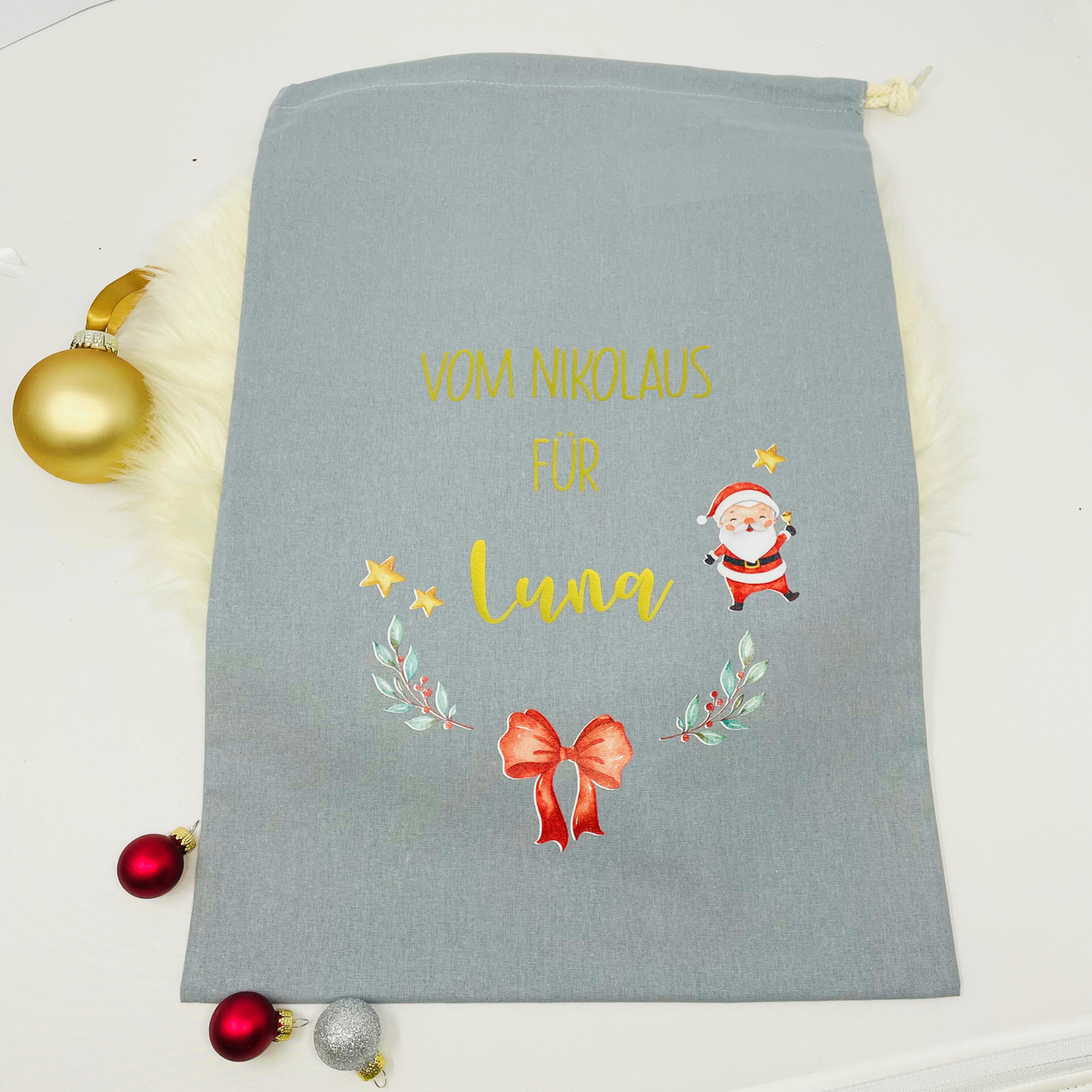 personalisierter Beutel für Nikolaus Weihnachten - ideal als kleine Geschenkverpackung, für Süßigkeiten oder Geld - zwei Designs - grau