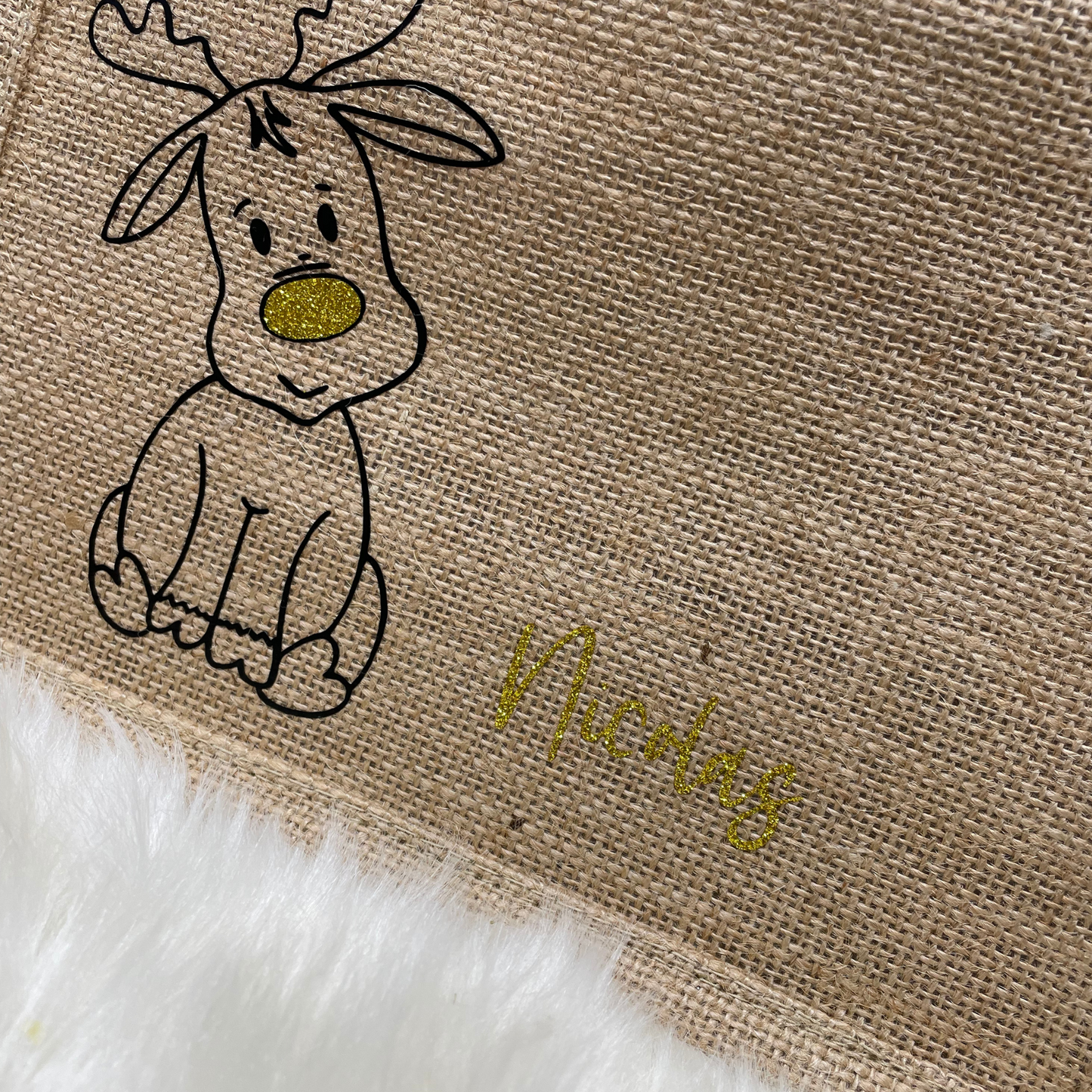 Jutetasche Weihnachten Jutebeutel klein - personalisiert mit Rentier und Name - persönliche Geschenkverpackung - nachhaltig Glitzer