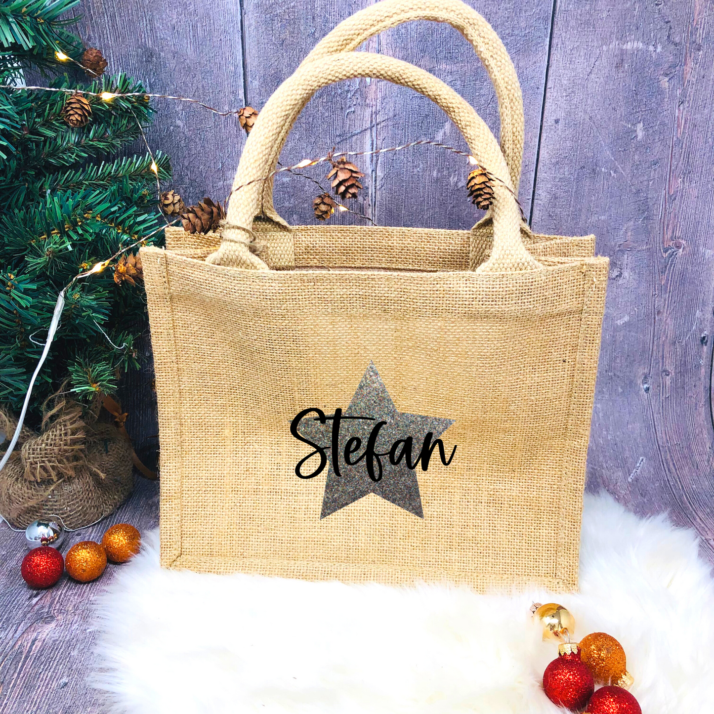 Jutetasche Weihnachten Jutebeutel klein - personalisiert mit Stern und Name - persönliche Geschenkverpackung - nachhaltig Glitzerstern