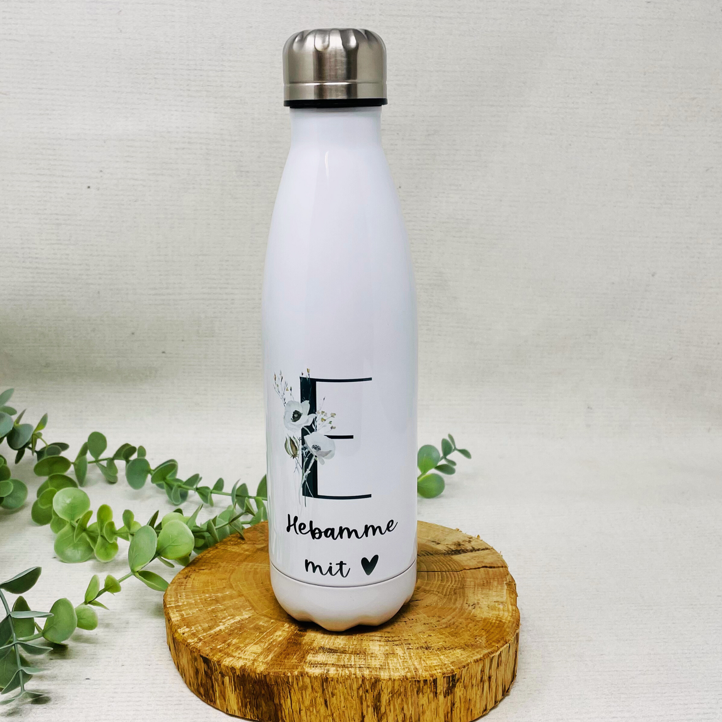 Geschenk für die Hebamme, Trinkflasche Edelstahl personalisiert mit Initial und Wunschwort - Design WILDBLUMEN , Geburtstag,Danke Hebamme T1