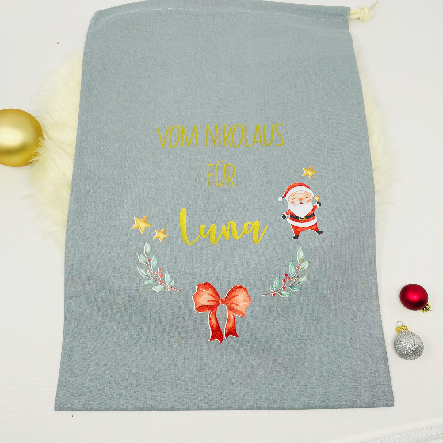 personalisierter Beutel für Nikolaus Weihnachten - ideal als kleine Geschenkverpackung, für Süßigkeiten oder Geld - zwei Designs - grau