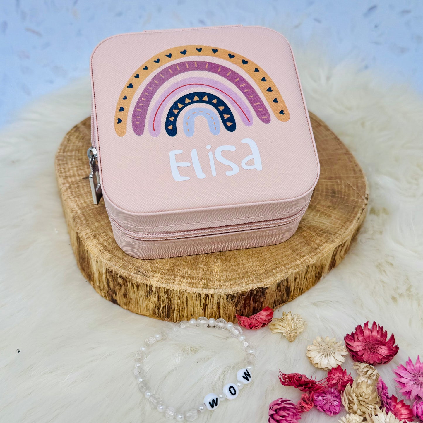 Schmuckaufbewahrung Mädchen - rosa - personalisiert mit Namen und Regenbogen- Geschenk Kommunion Einschulung Geburtstag - Reiseetui