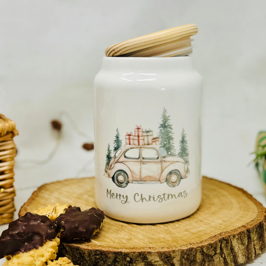 Personalisierte Keramik-Keksdose – "Driving Home for Christmas" mit Namen