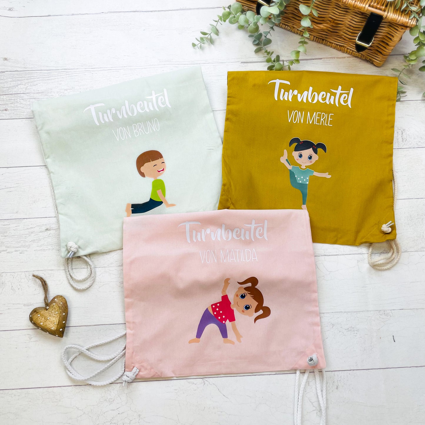 Turnbeutel Yoga Kita Kindergarten Stofftasche mit Name personalisiert Yoga Asanas - rosa grün grau hellblau