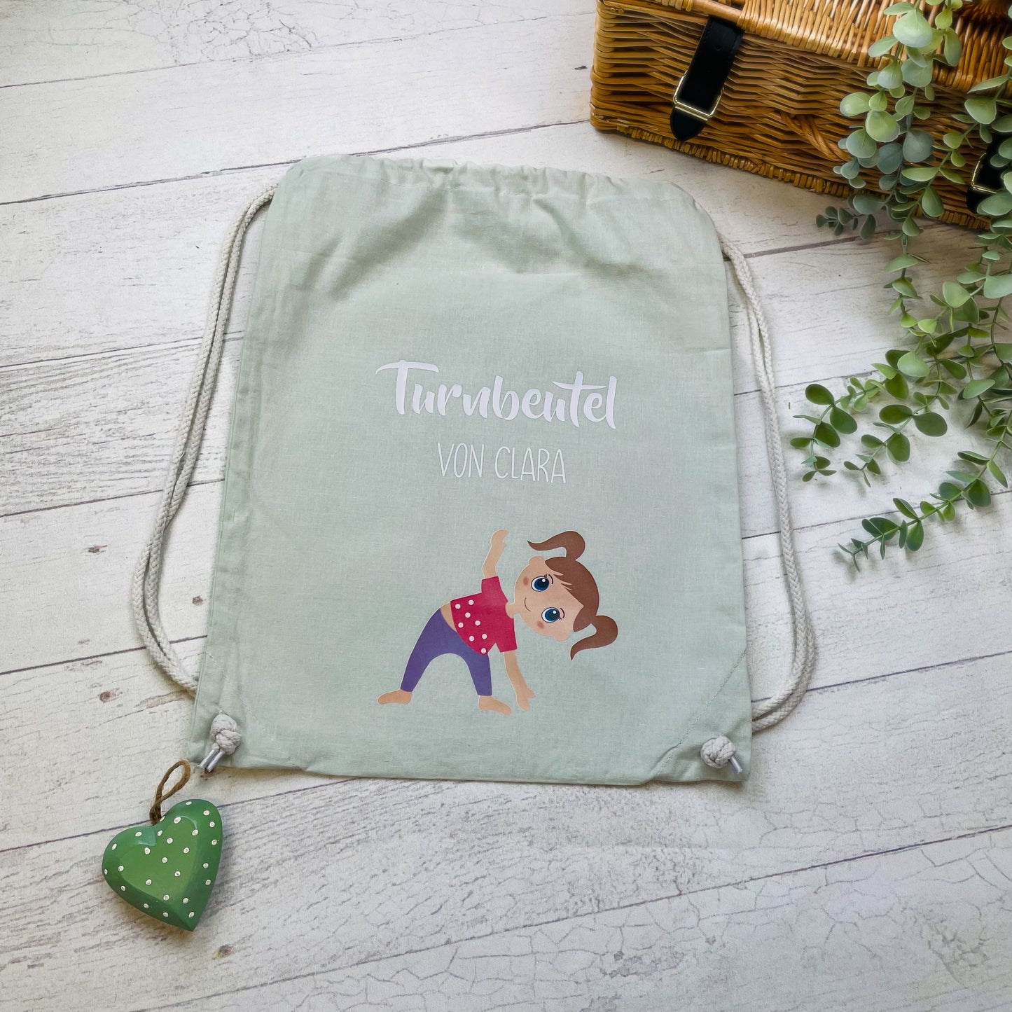 Turnbeutel Yoga Kita Kindergarten Stofftasche mit Name personalisiert Yoga Asanas - rosa grün grau hellblau