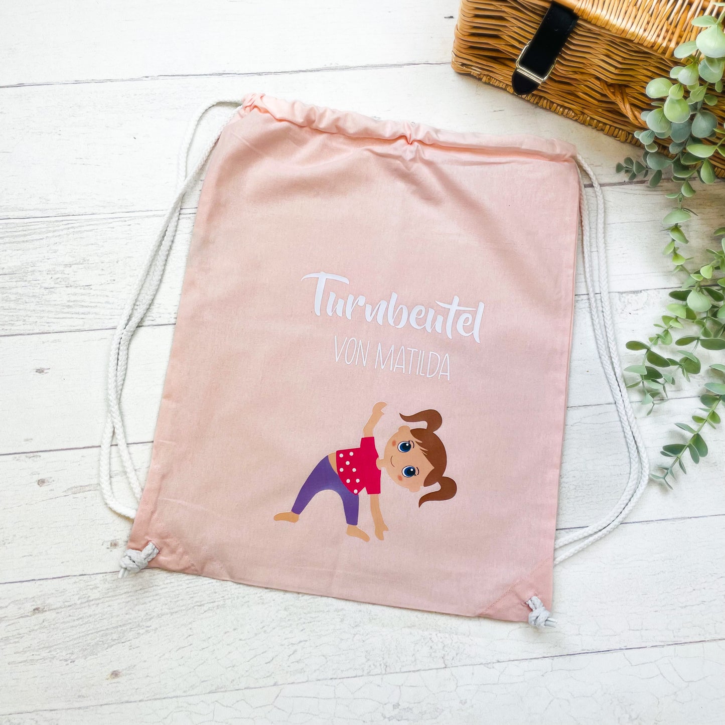 Turnbeutel Yoga Kita Kindergarten Stofftasche mit Name personalisiert Yoga Asanas - rosa grün grau hellblau