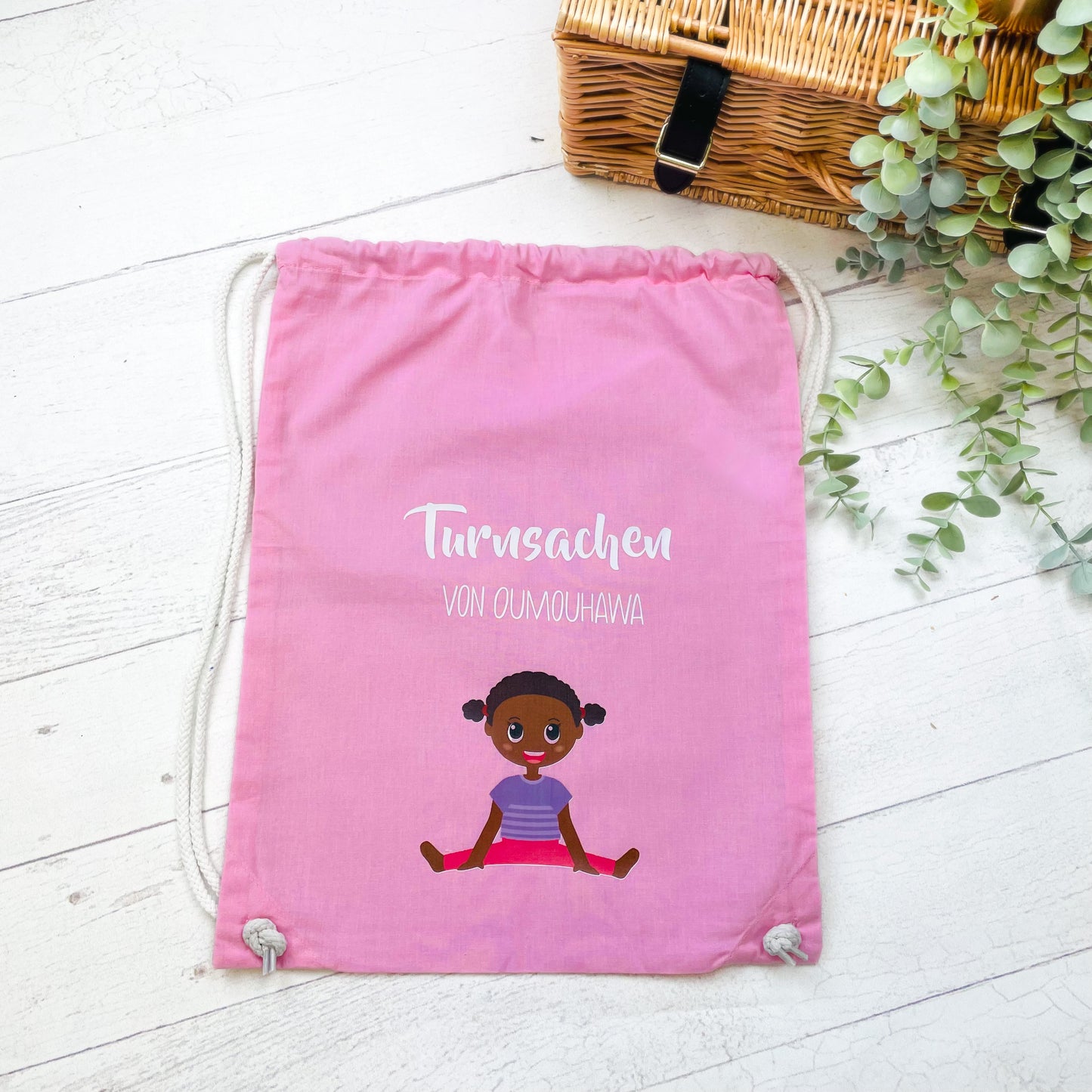 Turnbeutel Yoga Kita Kindergarten Stofftasche mit Name personalisiert Yoga Asanas - rosa grün grau hellblau