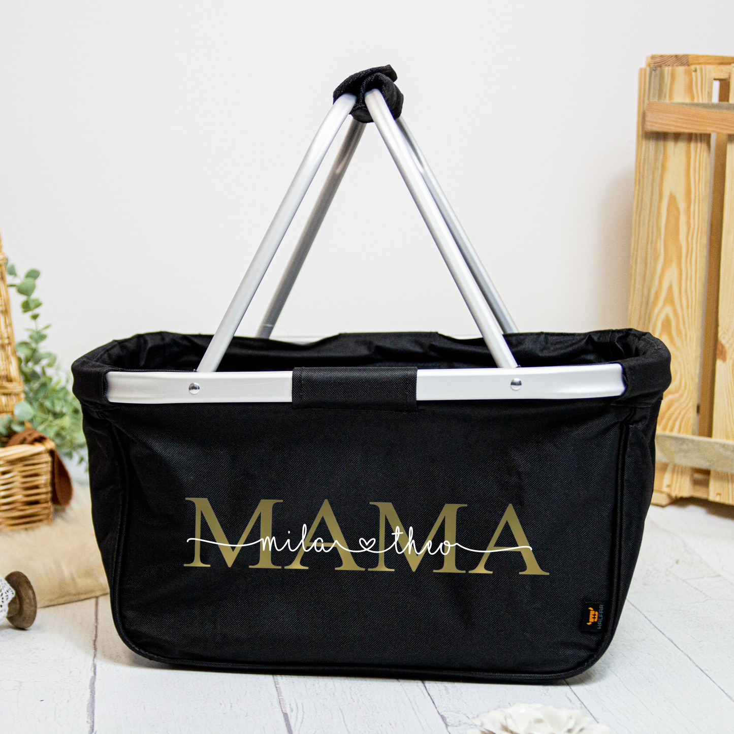Geschenk Muttertag oder Geburtstag - personalisierter Einkaufskorb MAMA oder MOM mit Namen der Kinder - Farbe Grau, Navy oder Schwarz