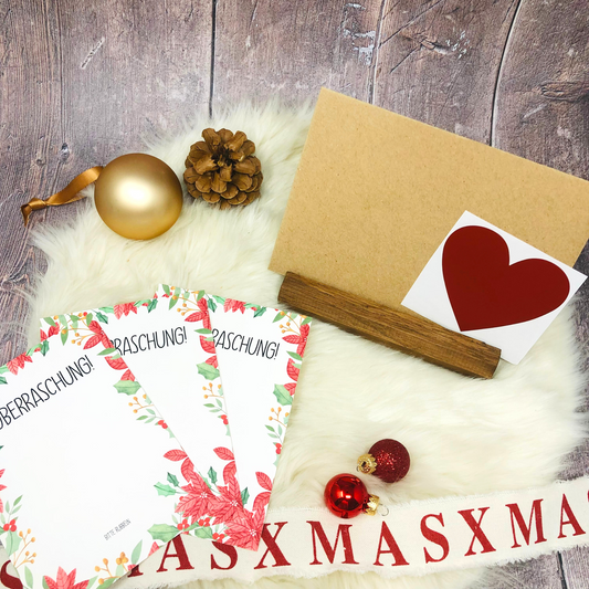 Weihnachtskarten DIY Überraschung Rubbelkarten zum selbst beschriften mit Umschlag und drei Rubbelherzen rot