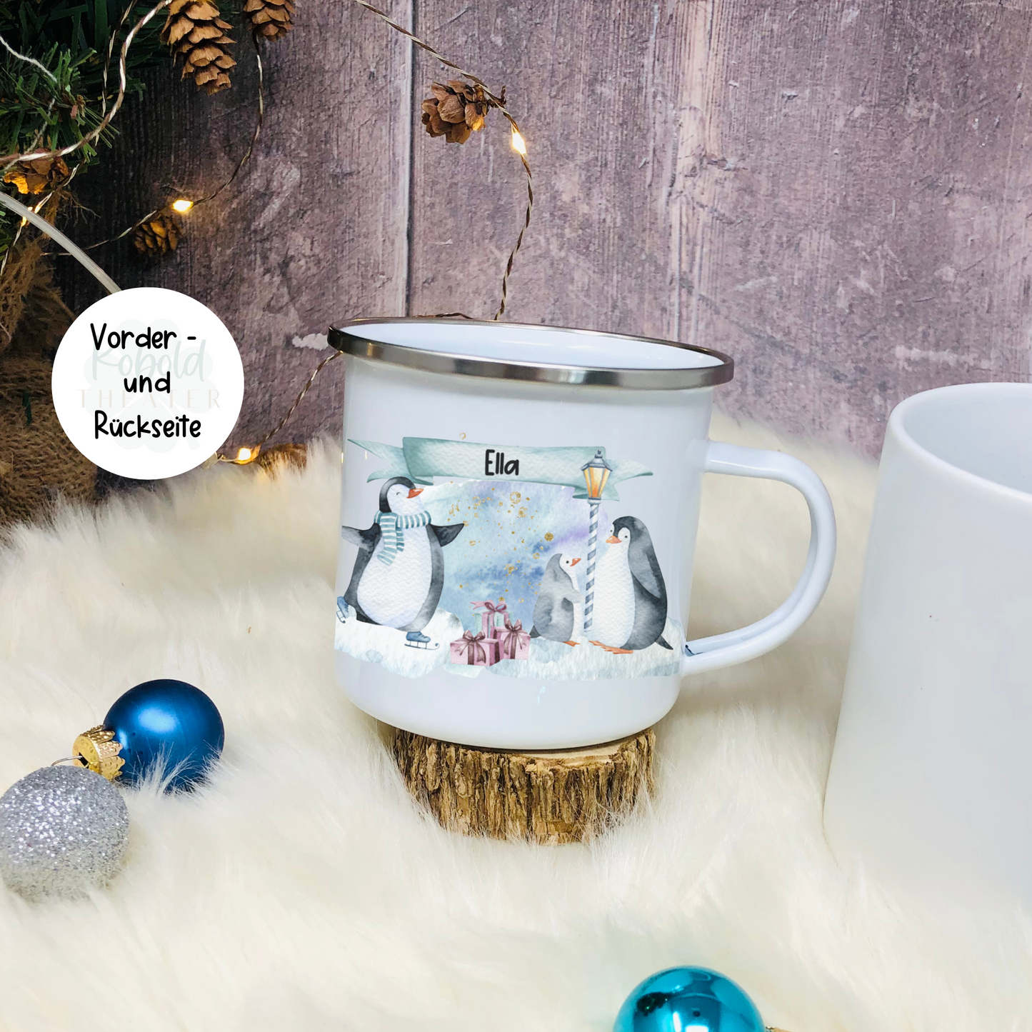 Weihnachten Kinderbecher mit Pinguin und Namen - Tasse Emailletasse Kindertasse Becher personalisiert - Christmas Mug