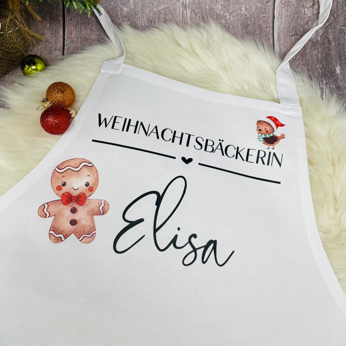Schürze Kinderschürze Weihnachtsbäcker Bäckerin personalisiert mit Titel und Name, zum Backen, Basteln und Gärtnern - weiß Lebkuchenmann